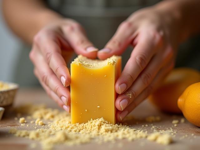 Hands carefully crafting a bar of handmade soap with natural ingredients visible