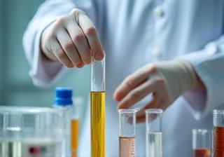 Hands measuring ingredients precisely in a clean lab setting