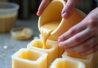 Hands pouring liquid soap mixture into a mold during the handcrafting phase