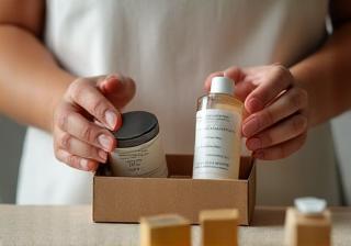 Hands carefully placing cosmetic products into sustainable packaging materials