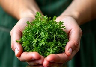 Hand holding a variety of fresh herbs, representing ingredient sourcing