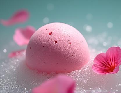 A bath bomb dissolving in water with flower petals and bubbles