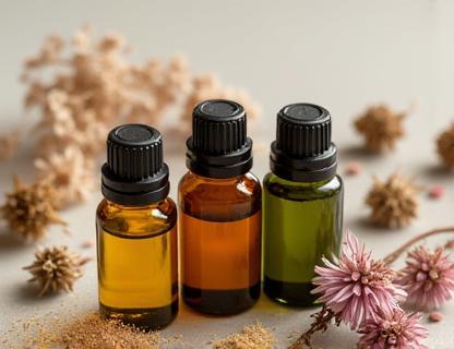 Small glass bottles of essential oils surrounded by dried flowers and herbs