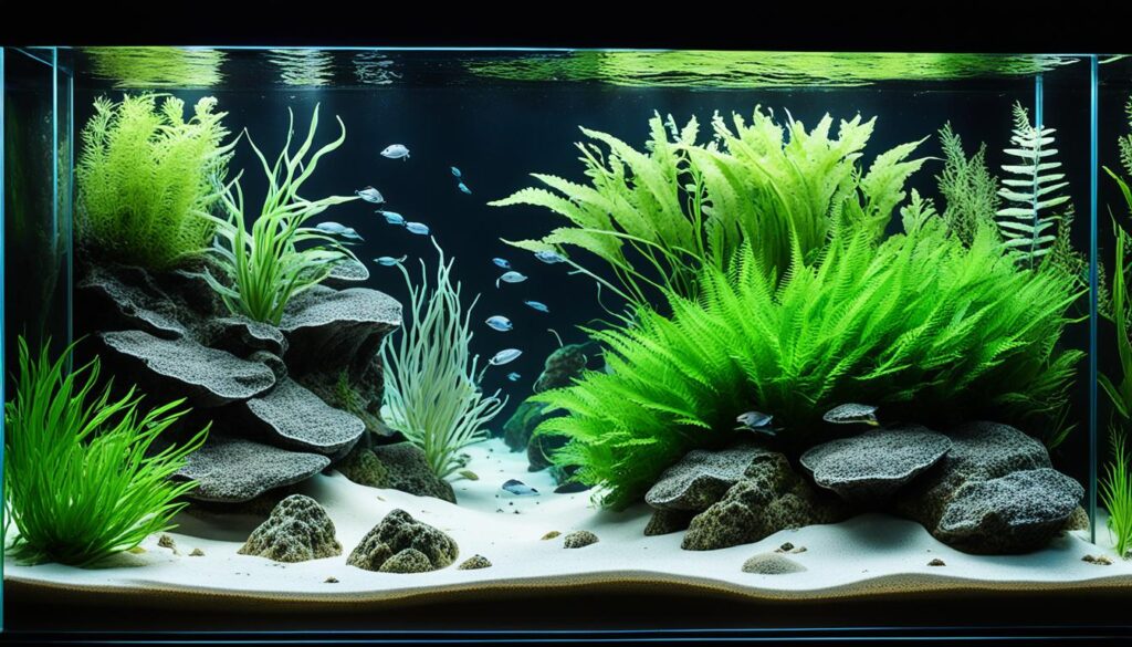 black background with white sand and plants